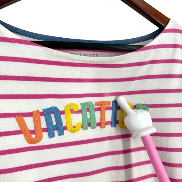 Talbots Sz Large "VACATION" Pink White Tropical 3/4 Sleeve Blouse Shirt Top - Picture 5 of 7